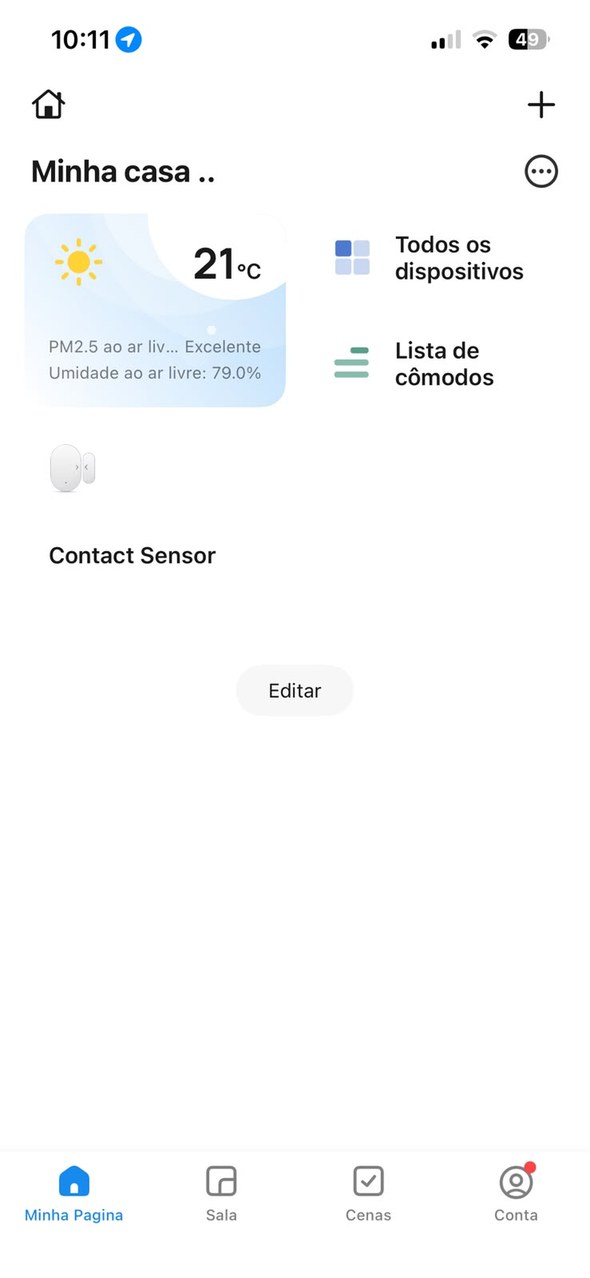 Tela inicial do app com os dispositivos da casa